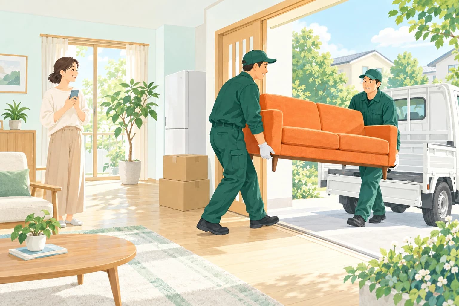スタッフにソファの搬出を任せ、スマートフォンを持って見守る女性のイラスト