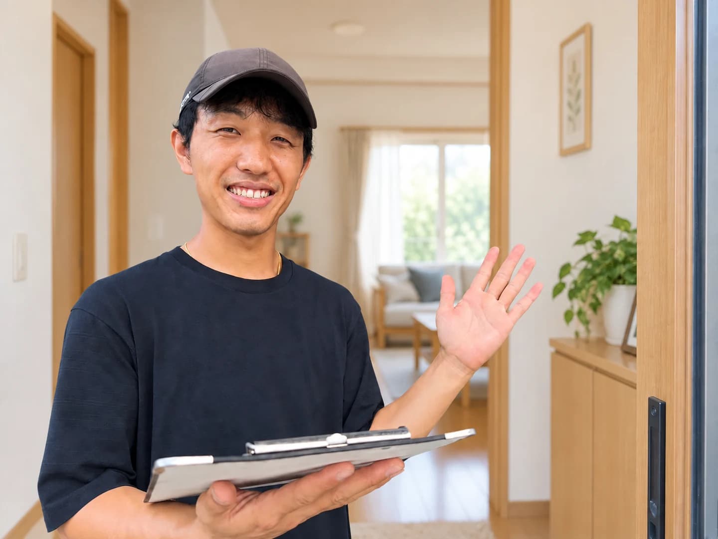 書類を手にご案内するアトムズのスタッフ